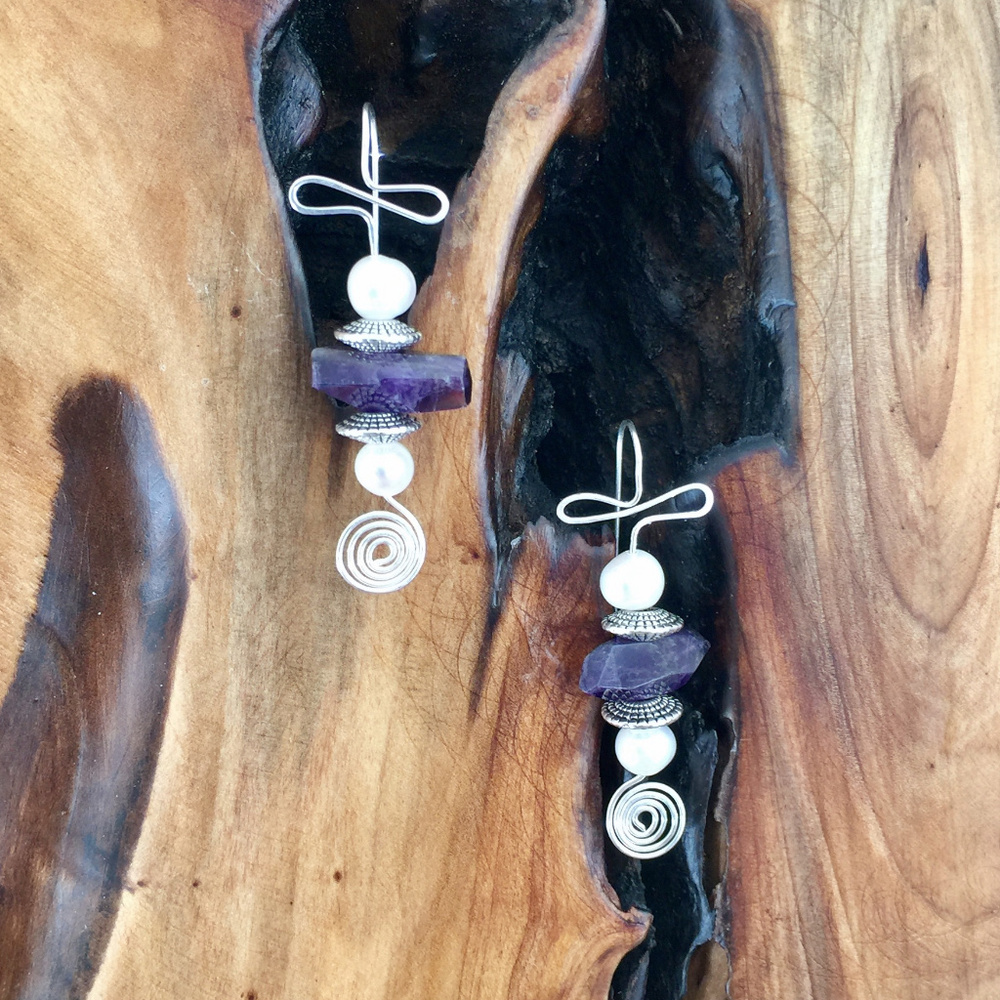 Amethyst Pearl Silver Wire Wrapped Earrings